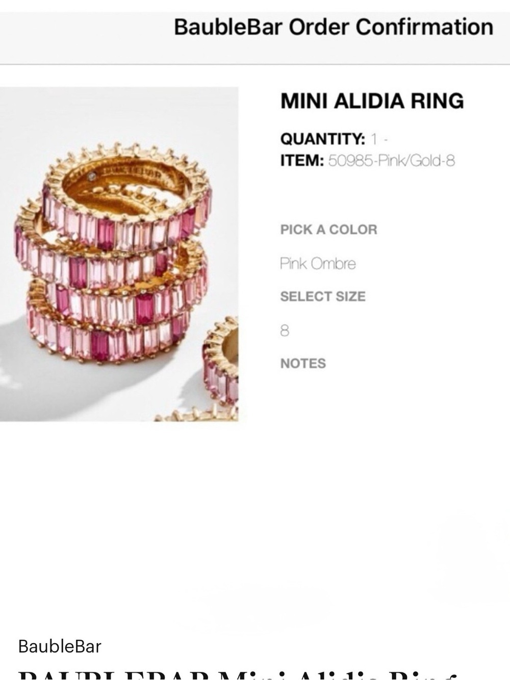 BAUBLEBAR sz 8 Mini Alidia Ring in Pink Ombre NWT